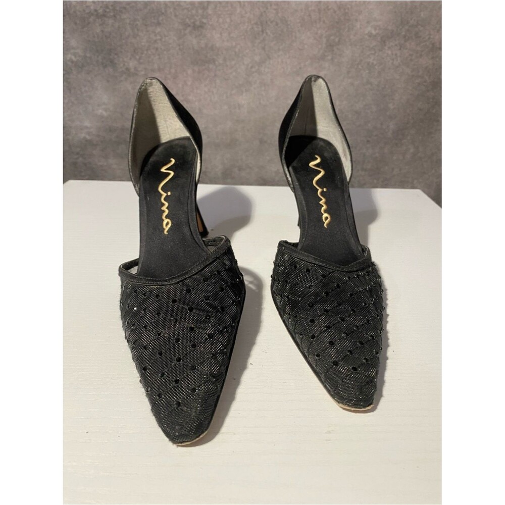 Nina Womens 7M Black Satin Mesh Beaded Pointed Toe Kitten Heel Pumps D'Orsay